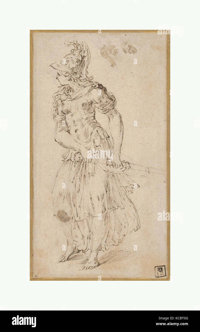 Figure féminine debout en armure encombrement son épée (Minerva ou Bellona), Parmigianino, ca. 1535-38 Banque D'Images
