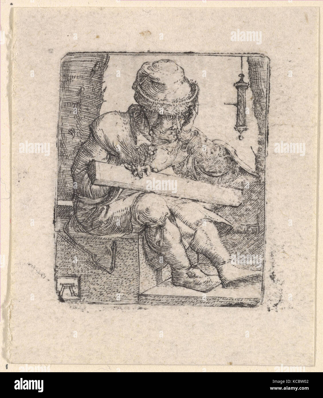 Carpenter, gravure, feuille : 1 15/16 × 1 11/16 in. (5 × 4,3 cm), Impressions, Albrecht, Regensburg, Allemagne (ca. 1480-1538 Banque D'Images