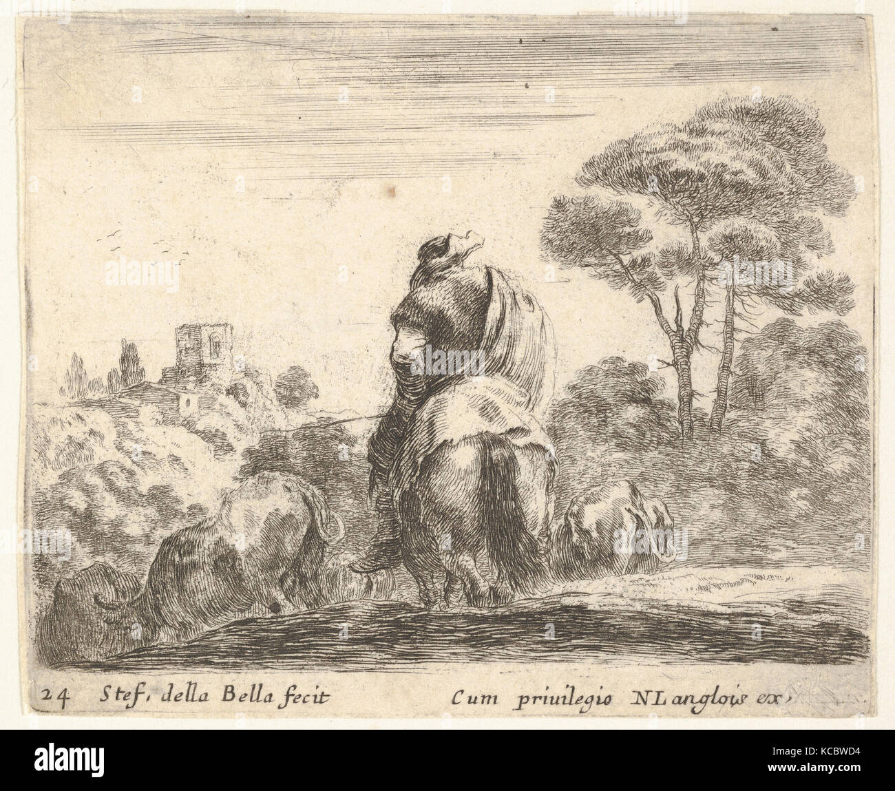 24 : Plaque bouvier sur un cheval, vu de dos, conduit son bétail sur une colline, une tour sur une colline à gauche dans l'arrière-plan Banque D'Images