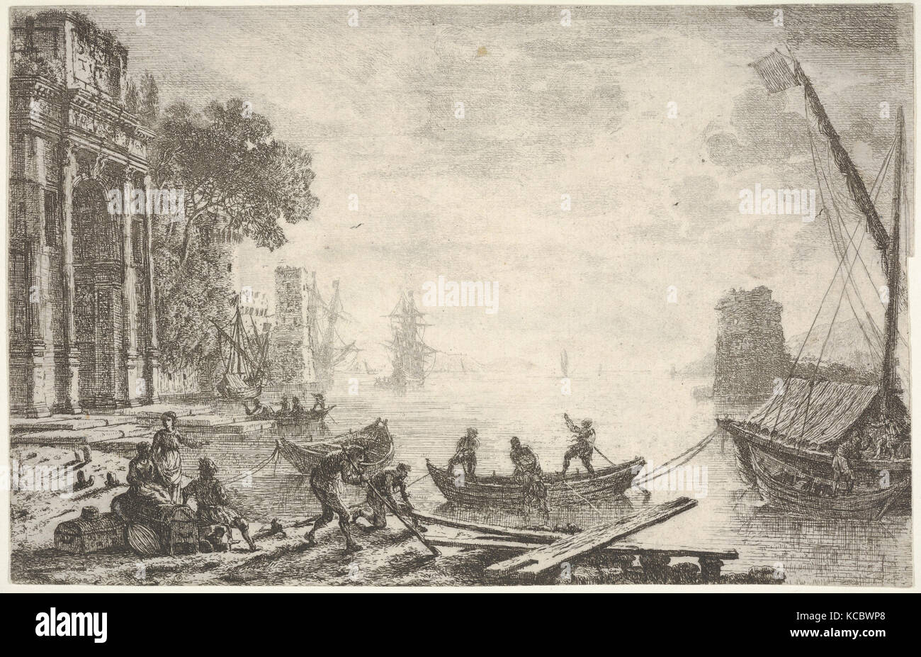 Port avec soleil levant, figures en premier plan, colonnade sur gauche, Claude Lorrain, ca. 1634 Banque D'Images