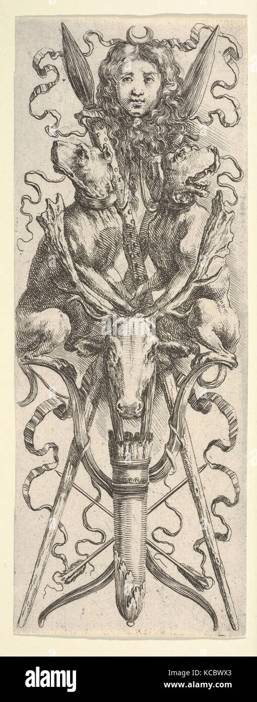 Un trophée de chasse : un carquois, deux flèches, deux arcs, une tête de cerf, deux chiens, deux lances, et la tête de Diana en haut Banque D'Images