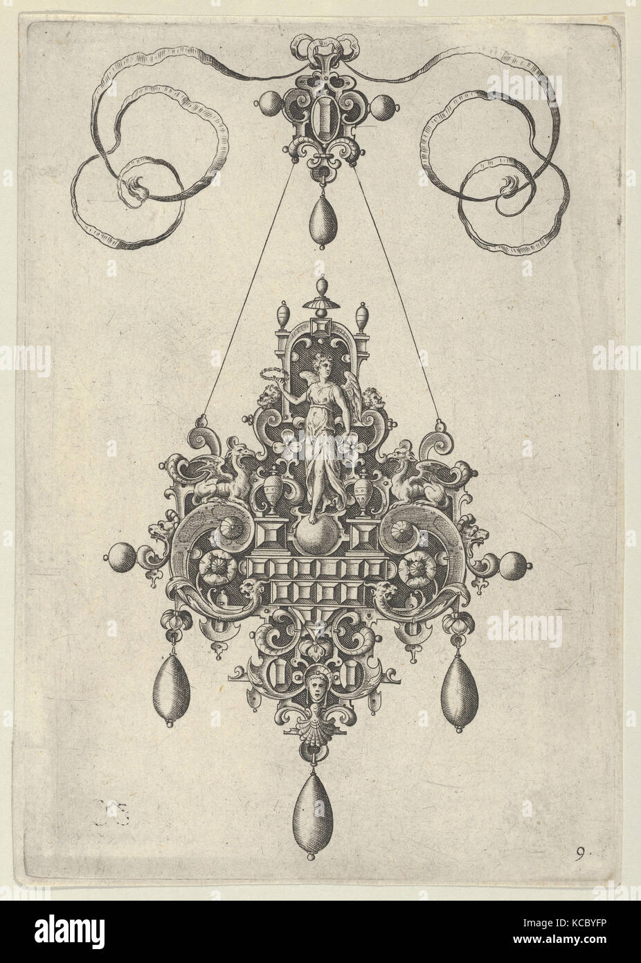 La conception de la poignée avec la Victoire de Samothrace tenant une couronne de laurier, Jan Collaert JE, après 1581 Banque D'Images