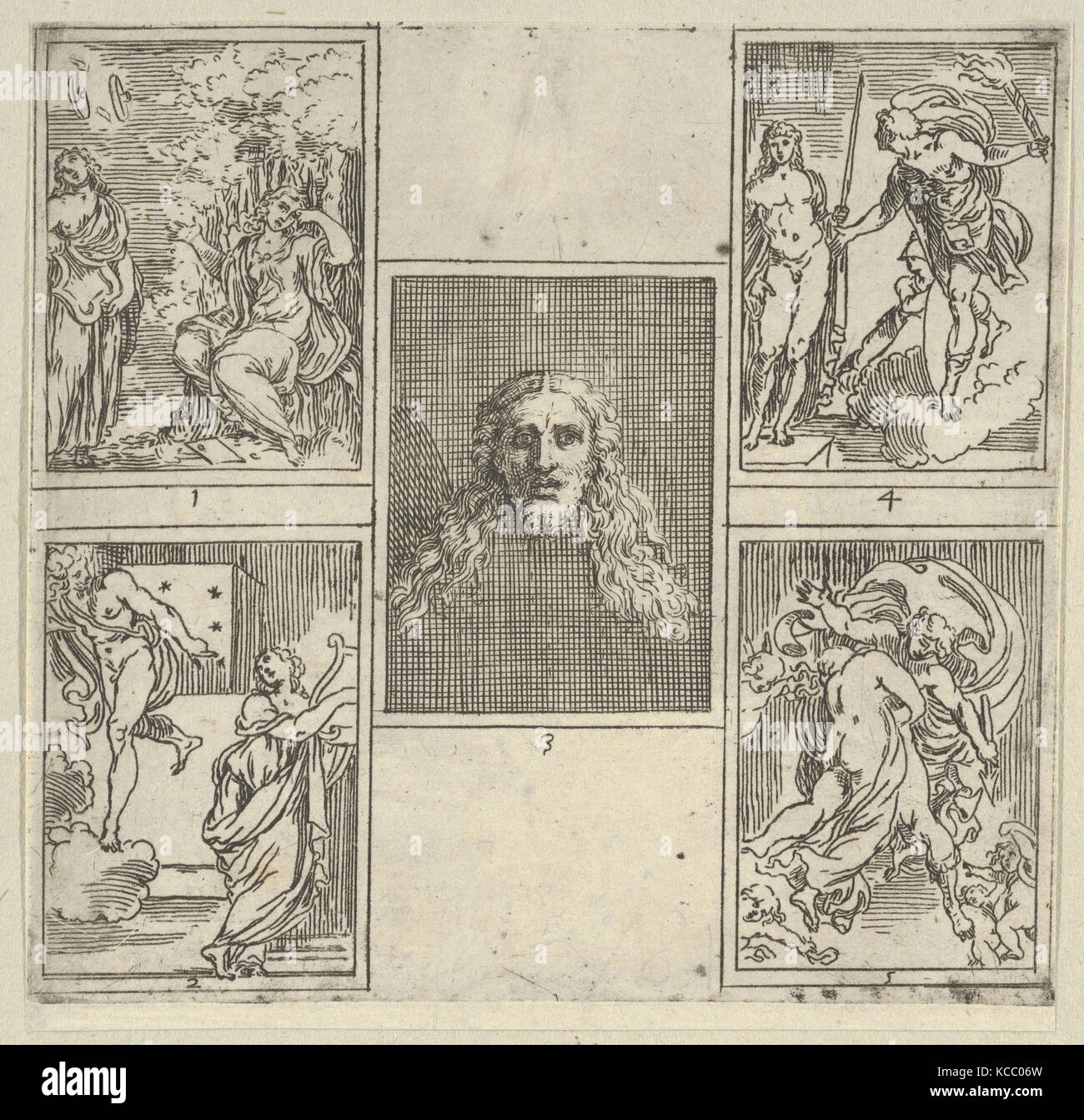 Cinq scènes numérotées, chacune d'un peintre dans l'Accademia degl'Incamminati, du IL FUNERALE D'AGOSTINO CARRACCIO FATTO Banque D'Images
