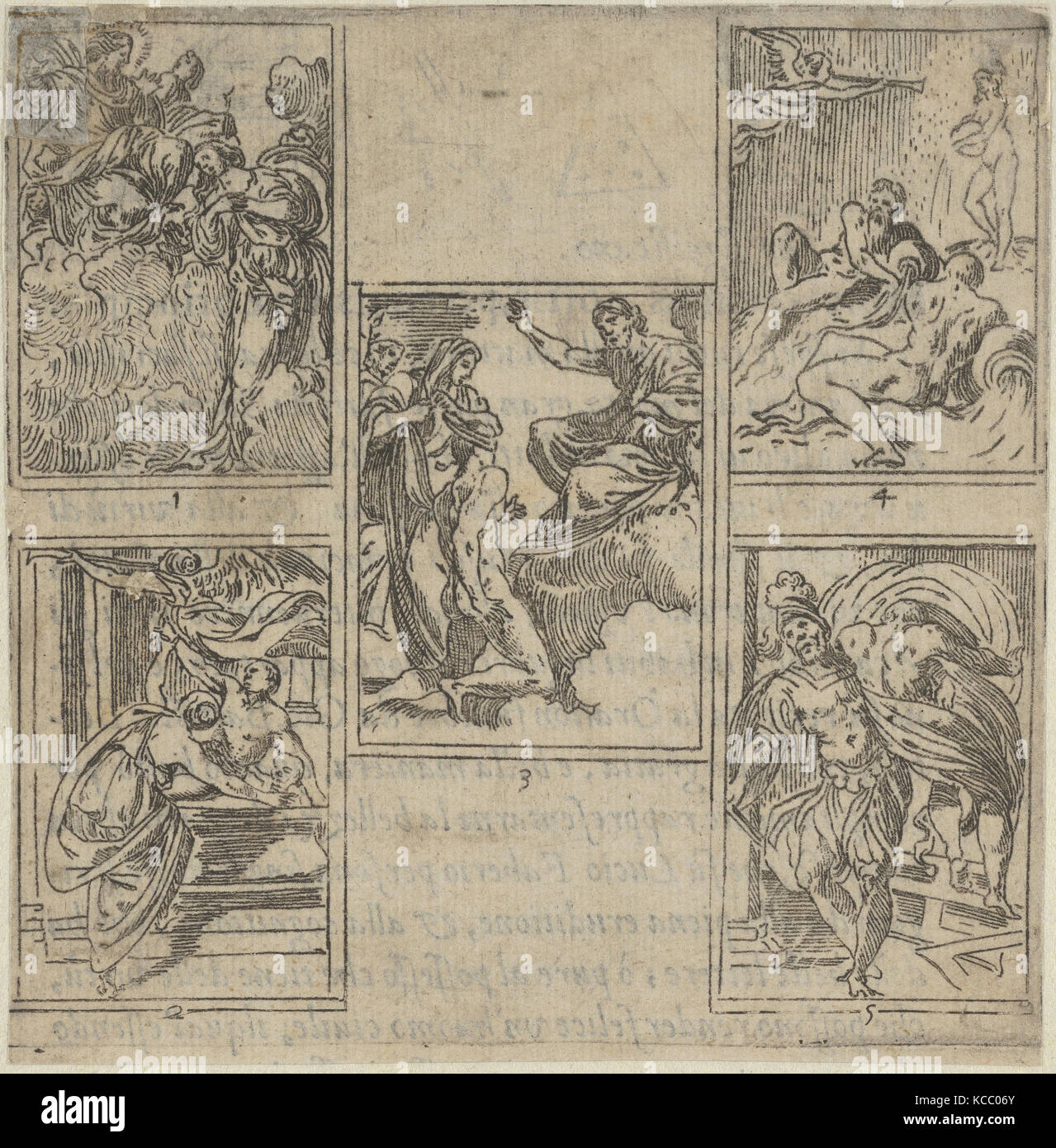 Cinq scènes numérotées, chacune d'un peintre dans l'Accademia degl'Incamminati, du IL FUNERALE D'AGOSTINO CARRACCIO FATTO Banque D'Images