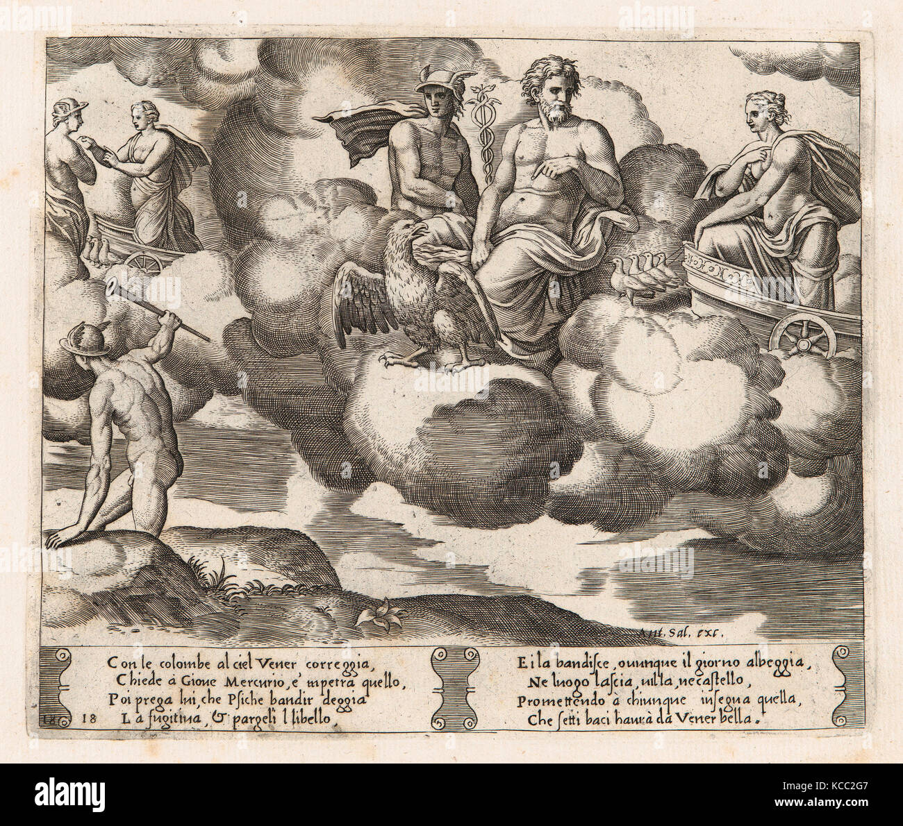 Dessins et gravures, d'impression, la plaque 18 : Vénus dans son char tiré par des colombe se plaindre à Jupiter, qui est accompagné par le mercure Banque D'Images