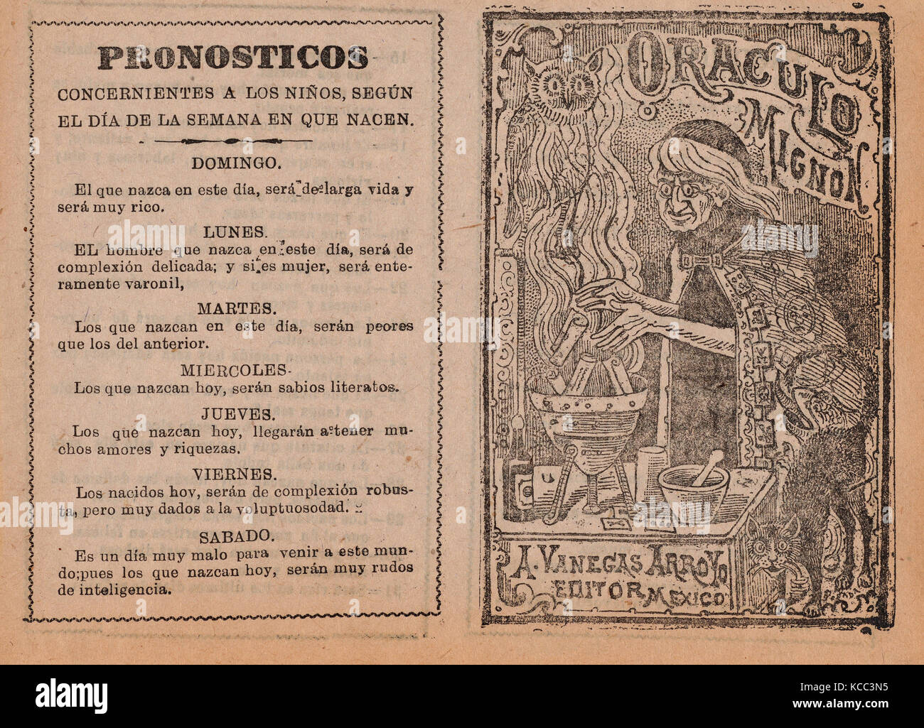 Couvrir pour 'Oraculo Mignon', une sorcière de préparer une potion dans un chaudron, mexicain José Guadalupe Posada, 1851-1913, ca. 1880-1910 Banque D'Images