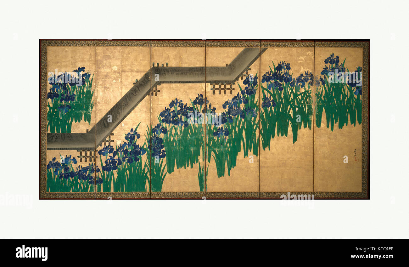 Iris à Yatsuhashi (huit ponts), 八橋図屏風, période Edo (1615-1868), après 1709, le Japon, la paire de six-bord paravent ; Banque D'Images