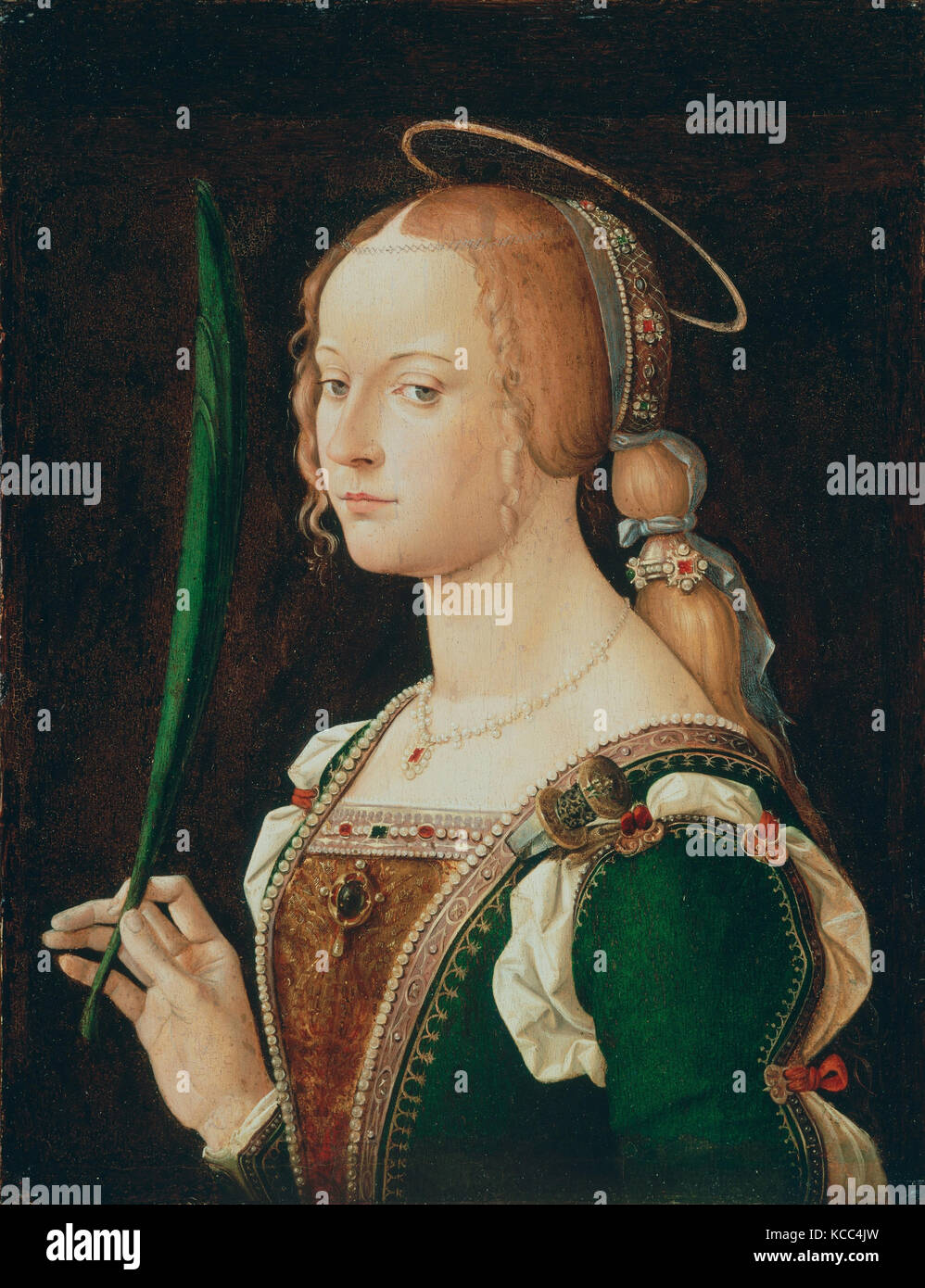 Saint Justina de Padoue, années 1490, huile sur bois, dans l'ensemble, avec bandes ajoutées, 19 1/2 x 15 1/8 in. (49,5 x 38,4 cm) ; surface peinte Banque D'Images