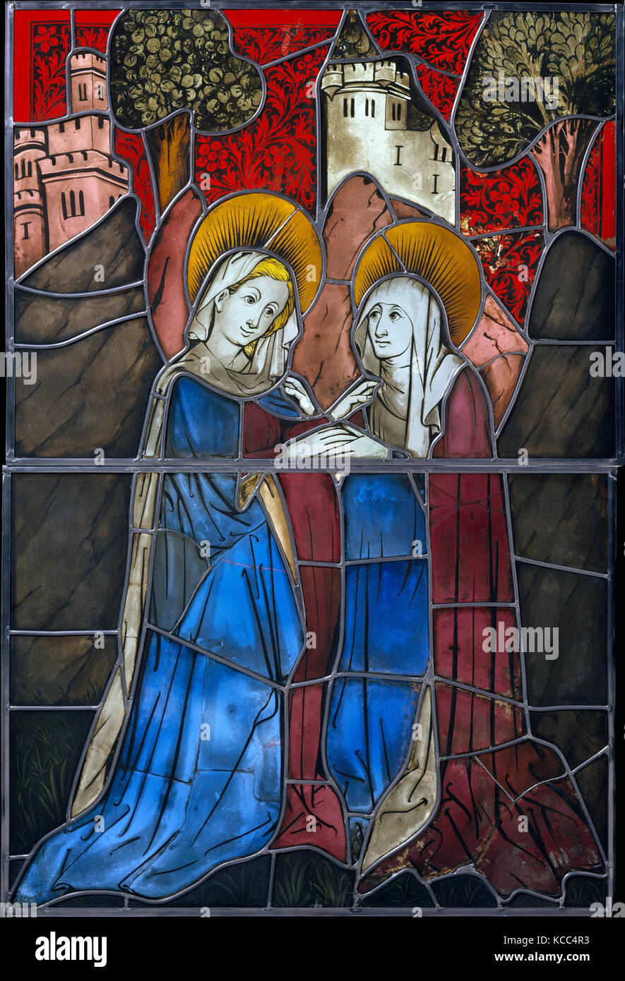 Panneau en verre teinté avec la Visitation, 1444, fabriqué en Allemagne, l'allemand, pot en verre, métal, peinture blanc vitreux, tache argentée Banque D'Images