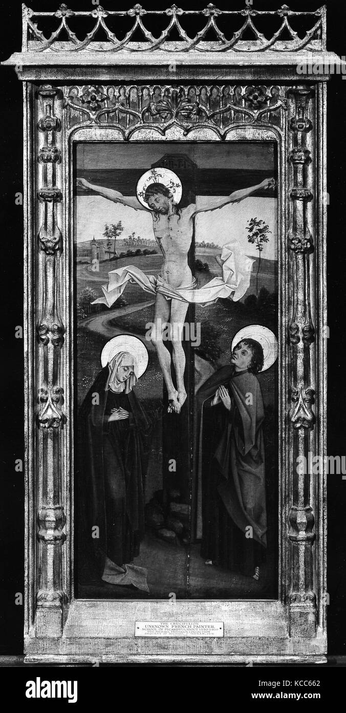 La Crucifixion, (marche arrière) Saint François d'assise ; la résurrection, (arrière) d'un Abbé Saint, peut-être Saint Benoît Banque D'Images