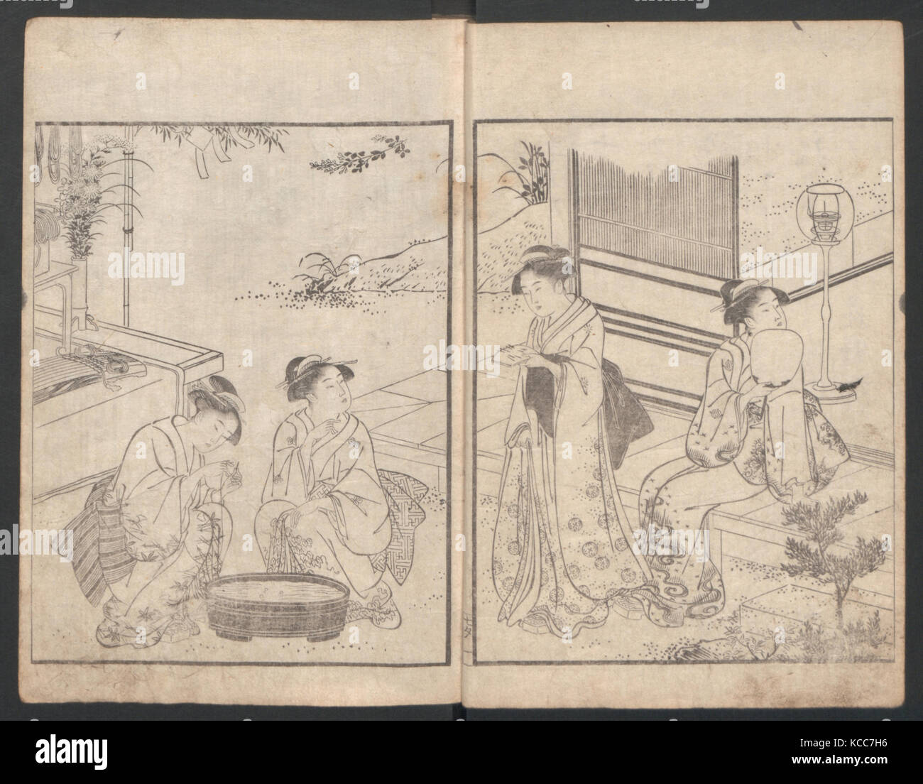 Livre illustré de Kyōka (poèmes) de la bande dessinée 'Maple Bridge', Katsukawa Shunchō, ca. 1790 Banque D'Images