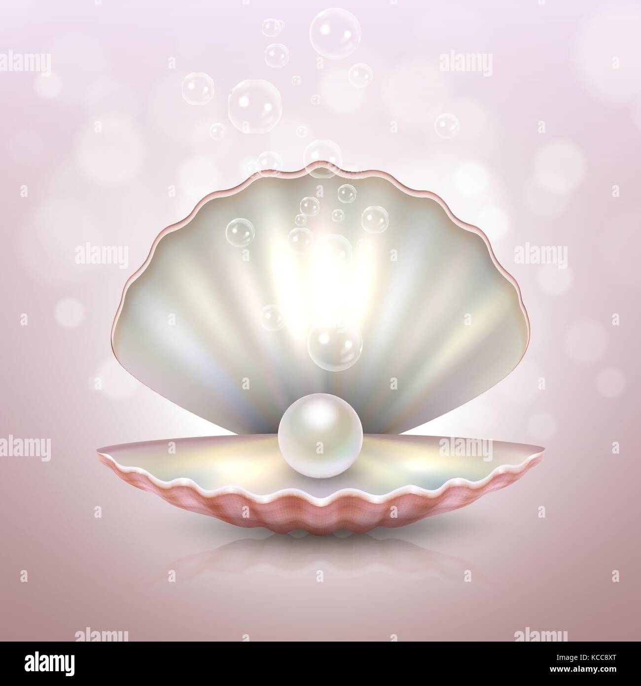 Belle mer naturel réaliste pearl shell avec réflexion libre sur un arrière-plan flou rose. design template, ou l'icône clipart, immersive en stock vector eps10.. Illustration de Vecteur