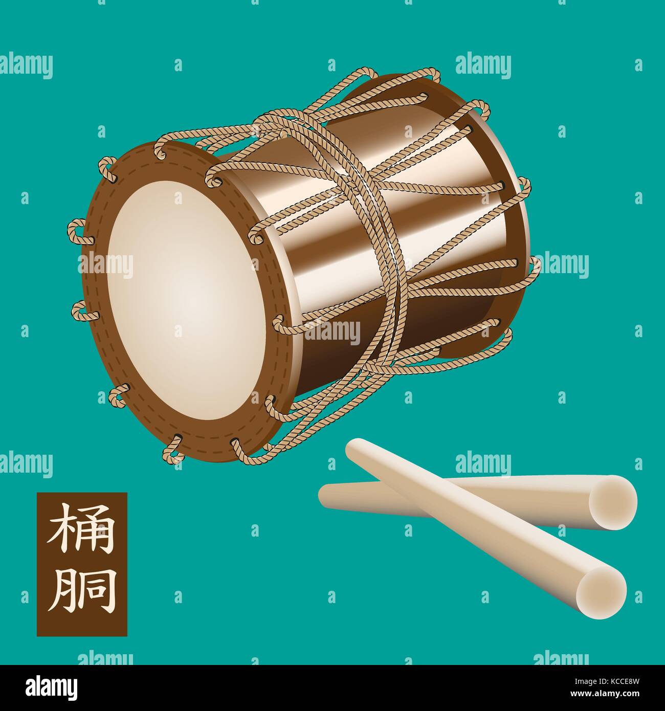 Vector illustration de l'instrument de percussion traditionnelle asiatique ou de l'o-taiko tambour kedo. Un nom de l'ensemble tambour okedo est écrit en hiéroglyphes japonais. Illustration de Vecteur