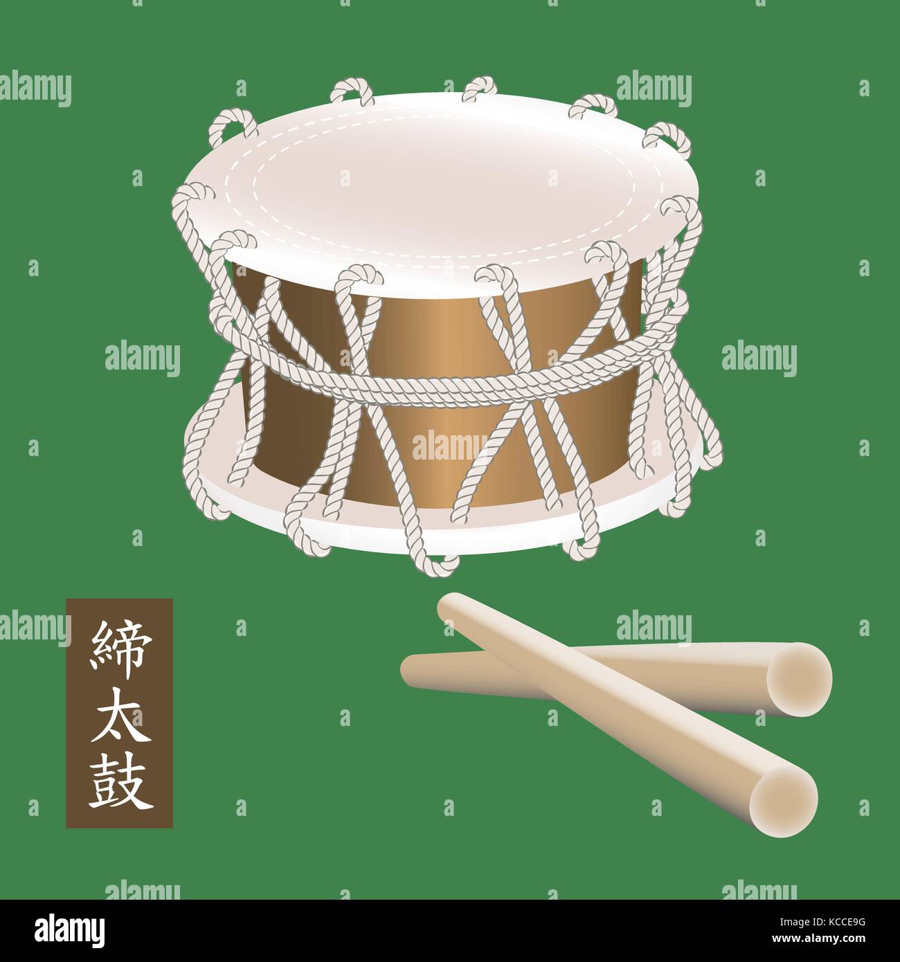 Vector illustration de l'instrument de percussion traditionnelle asiatique ou tambour taiko shime daiko. Un nom de l'ensemble tambour shime daiko est écrit en hiéroglyphes japonais. Illustration de Vecteur