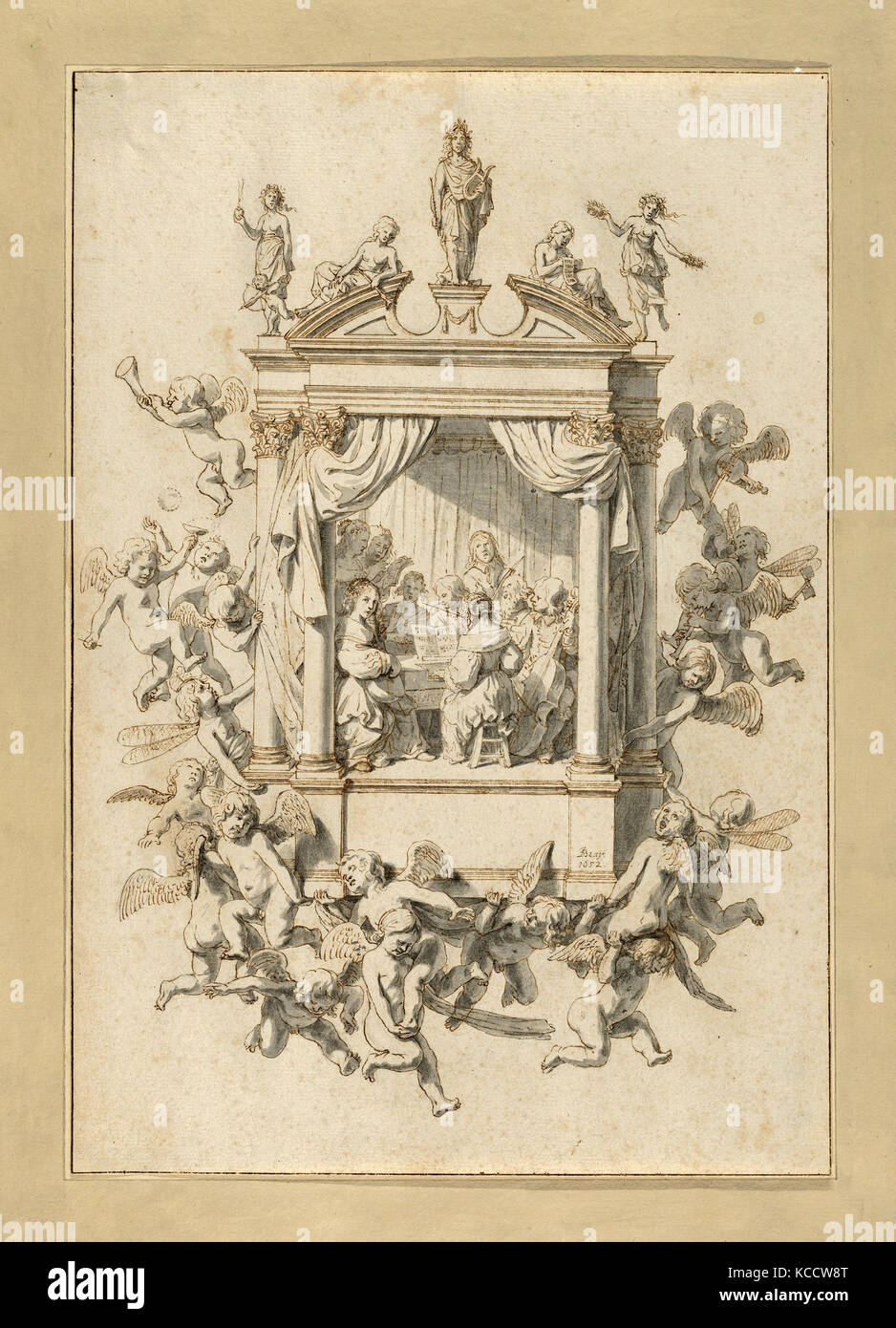 Dessins et gravures, dessin, un groupe d'hommes et de femmes à jouer de la musique de chambre à l'intérieur d'un portique, surmonté par des statues d'Apollon Banque D'Images