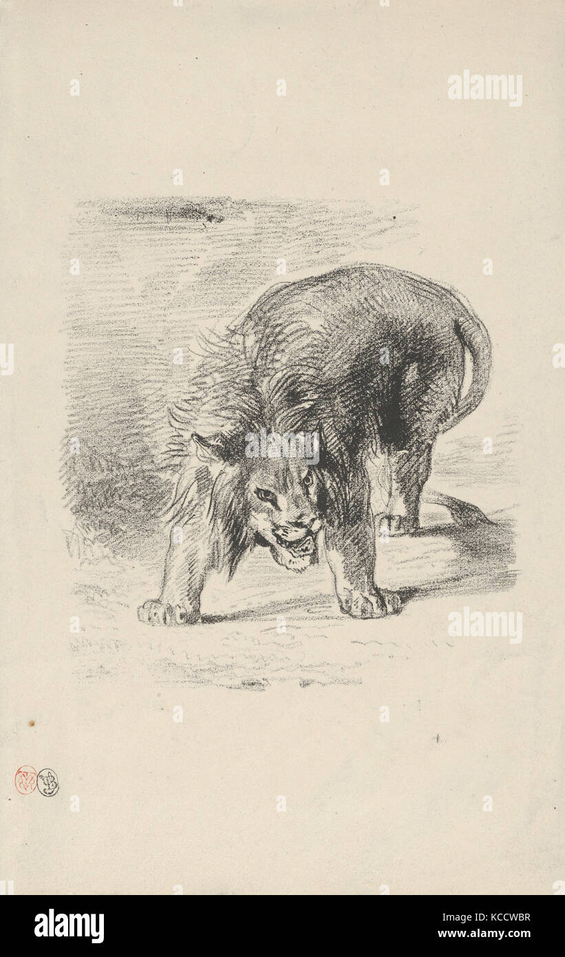 Lion debout, 1833, lithographie ; seulement, l'état de droit : 5 11/16 x 5 5/16 in. (14,5 x 13,5 cm), Impressions, Eugène Delacroix (Français Banque D'Images