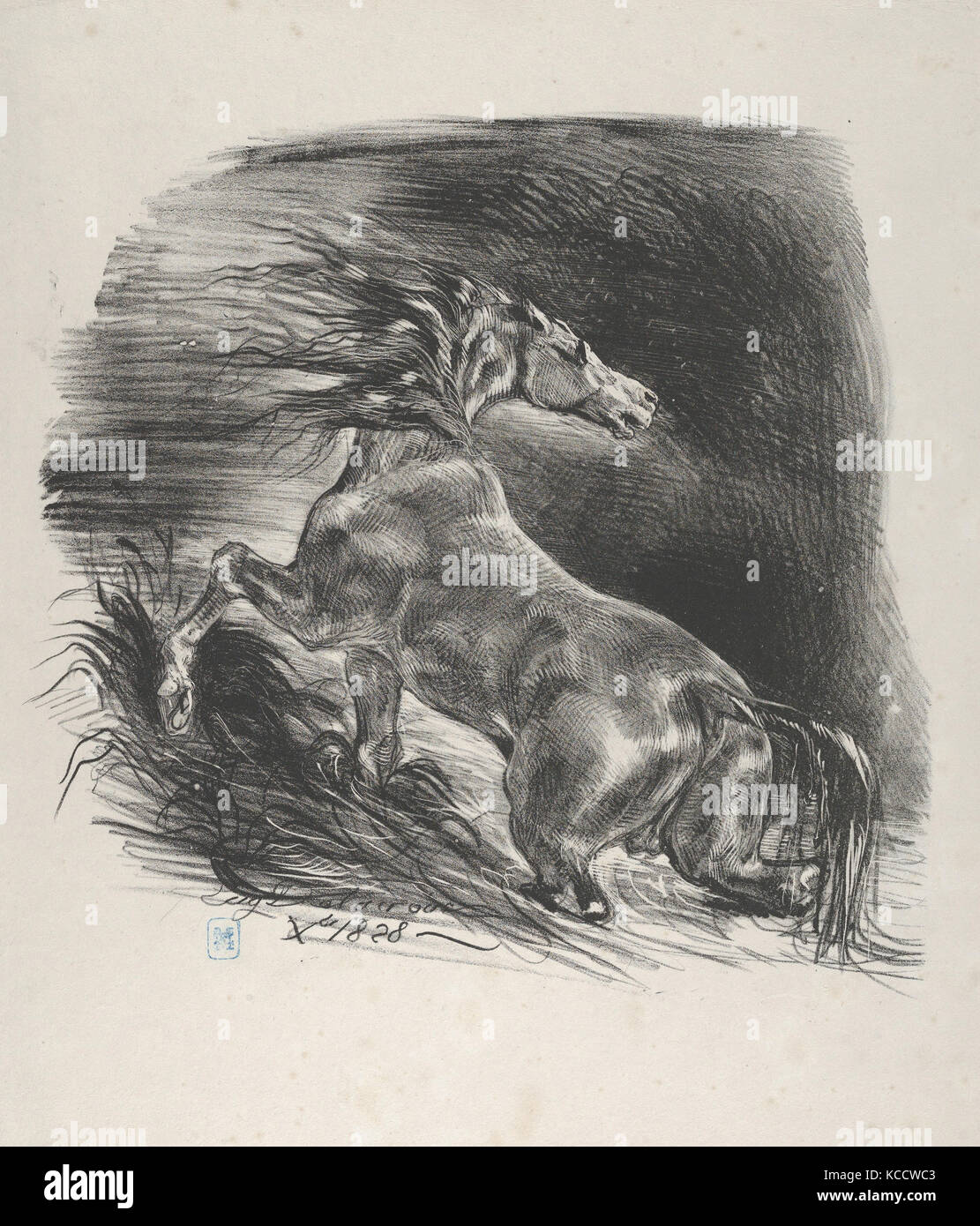 Wild Horse, 1828, lithographie, premier état de deux, Image : 9 x 9 1/4 in. (22,9 x 23,5 cm), Impressions, Eugène Delacroix (Français Banque D'Images
