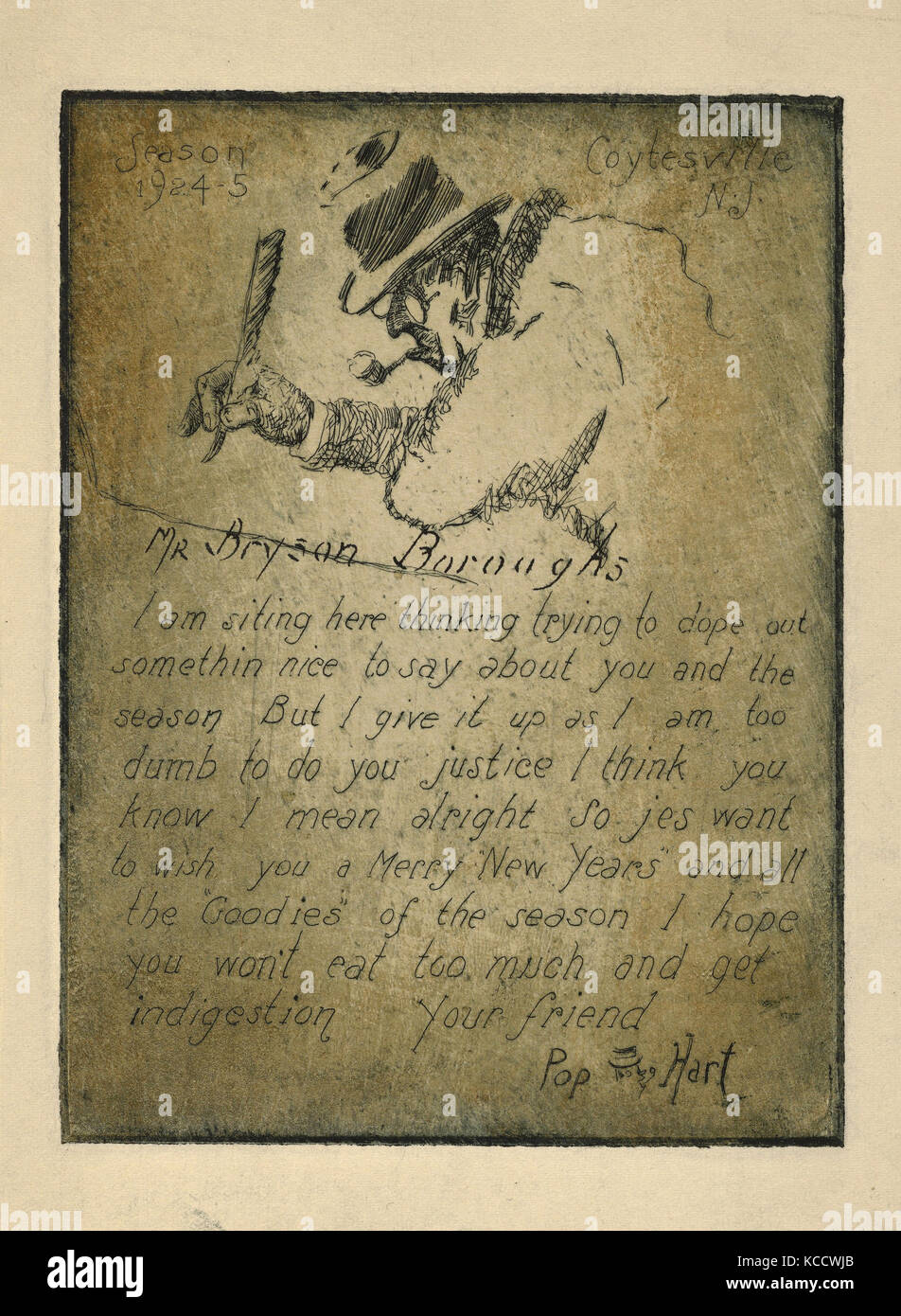 Dessins et estampes, Print, meilleurs Vœux, 1924-1925, adressées à M. Bryson les quartiers, artiste, George Overbury Hart Pop Banque D'Images
