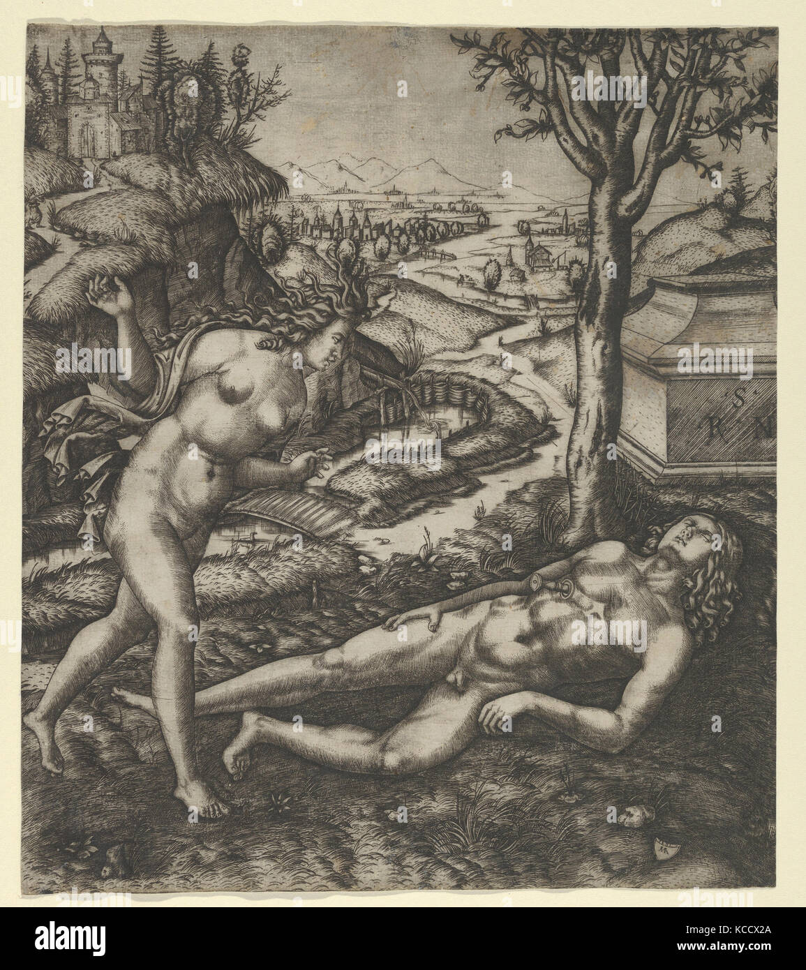Thisbe trouver Pyramus portant sur le sol avec un couteau dans sa poitrine, Marcantonio Raimondi, 1505 Banque D'Images