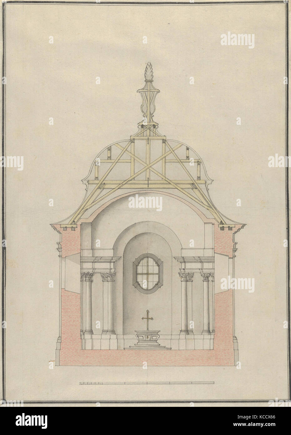 Coupe transversale d'une église baroque ou chapelle avec un toit en forme de cloche, ca. 1650-1725 Banque D'Images
