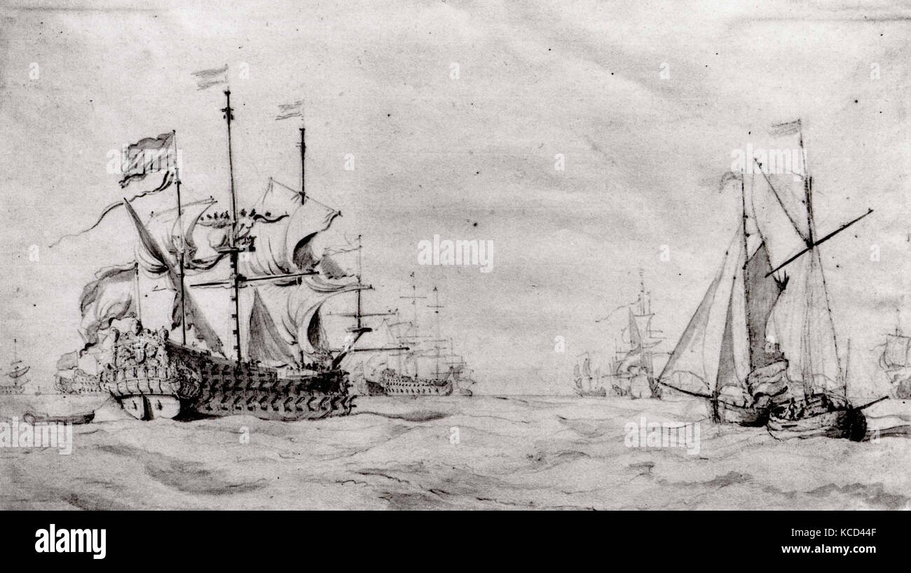 Un grand navire néerlandais avec une flotte en mer et deux petits bâtiments, Willem van de Velde I, ca. 1672 Banque D'Images