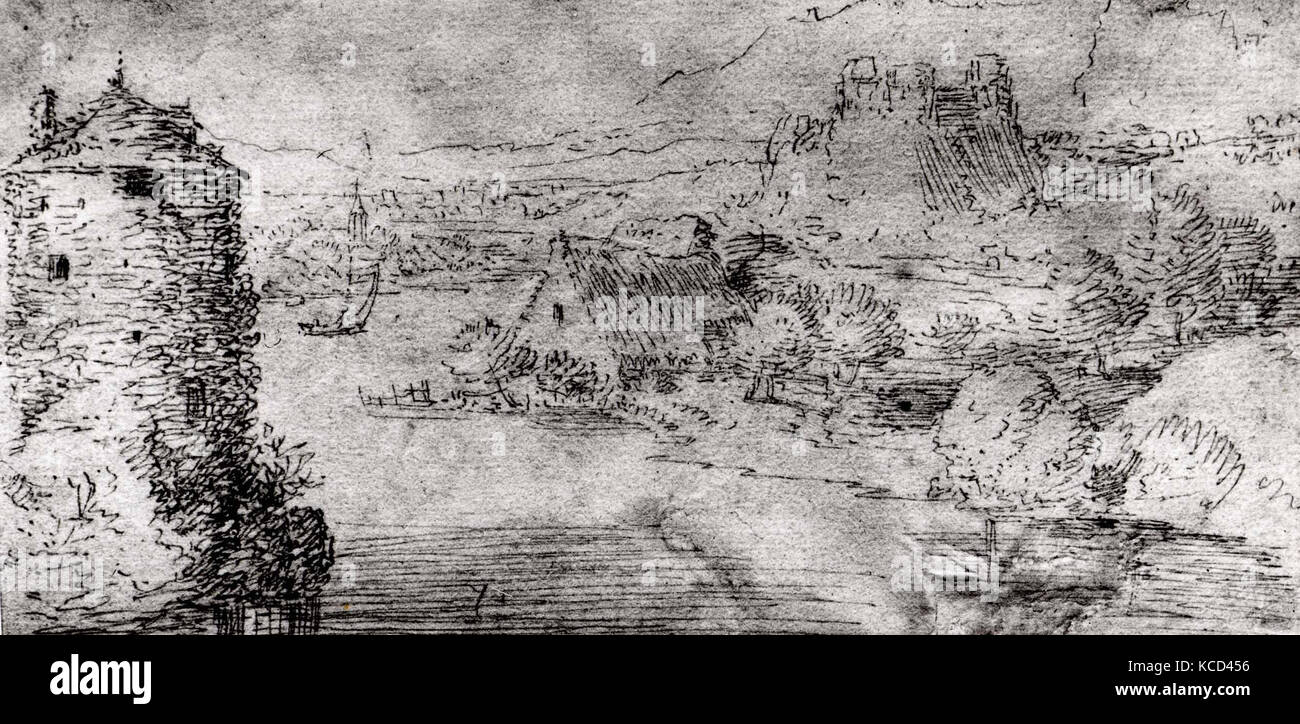Rivière Paysage, ca. 1600, plume et encre brune, 3 15/16 x 8 in. (10 x 20,3 cm), dessins, Jaques (Saverij Courtrai (Kortrijk) ca Banque D'Images