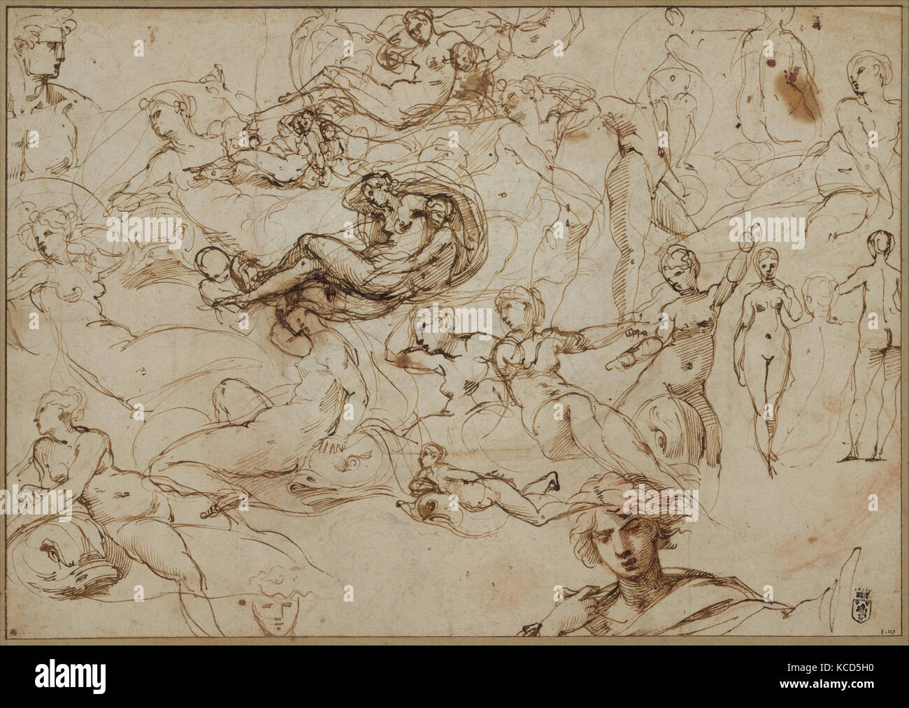 Études de figures pour divers personnages féminins et masculins (recto) ; trois Amors dans le jardin de Vénus (verso), Agostino Carracci, 1600 Banque D'Images