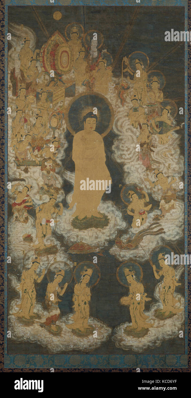 Se félicitant de l'ascendance et les Bodhisattvas Amida, 阿弥陀聖衆来迎図 Nanbokuchō, 1336-92 (période), fin du 14ème siècle, le Japon, la pendaison faire défiler Banque D'Images