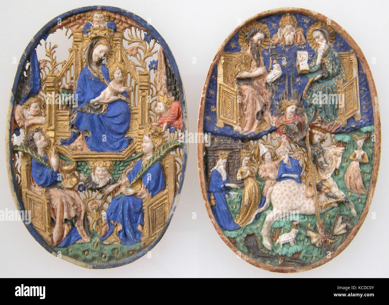 Deux médaillons, ca. En 1420, Made in Paris, France, en français, de l'ivoire, polychromie et dorure, (plus tard monture : argent doré et verre Banque D'Images