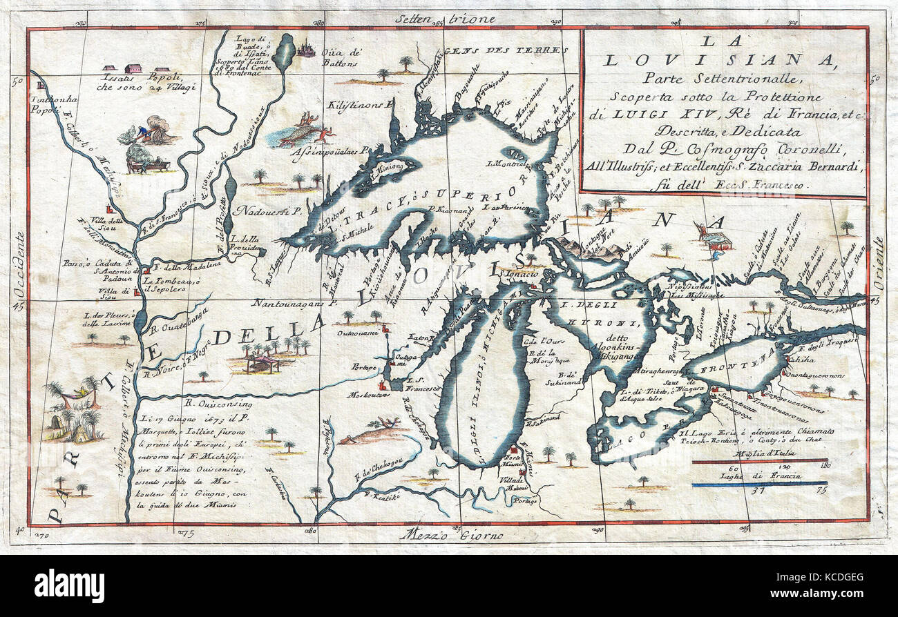 1696, Coronelli Carte des Grands Lacs, plus carte précise de la région des Grands Lacs au 17e siècle Banque D'Images