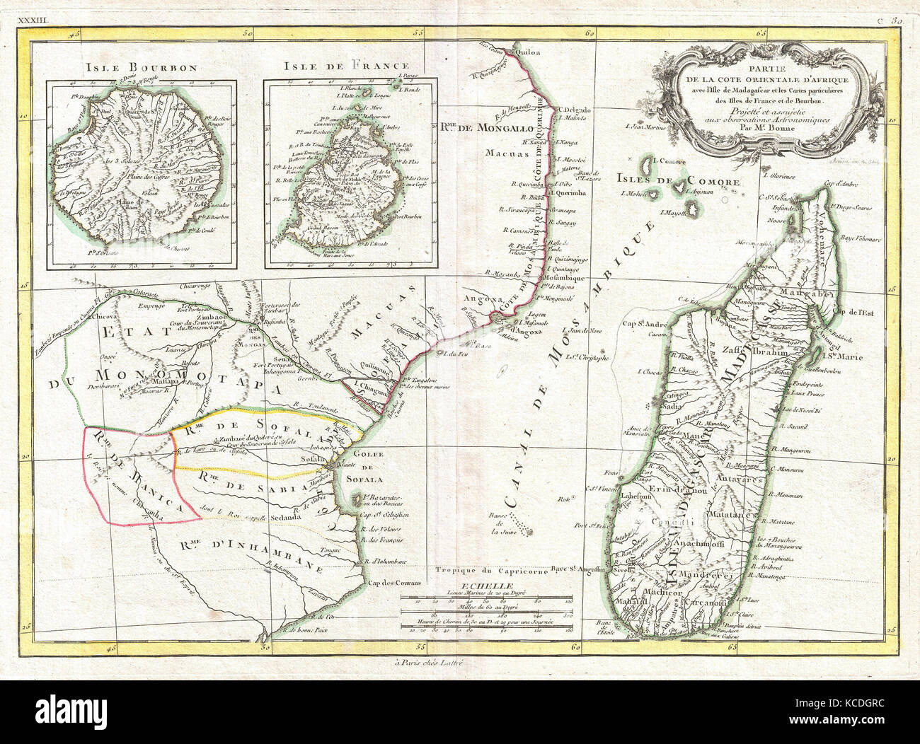 1770, Bonne carte de l'Afrique de l'Est, Madagascar, l'île Bourbon et Maurice, Mozambique, Rigobert Bonne 1727 - 1794 Banque D'Images