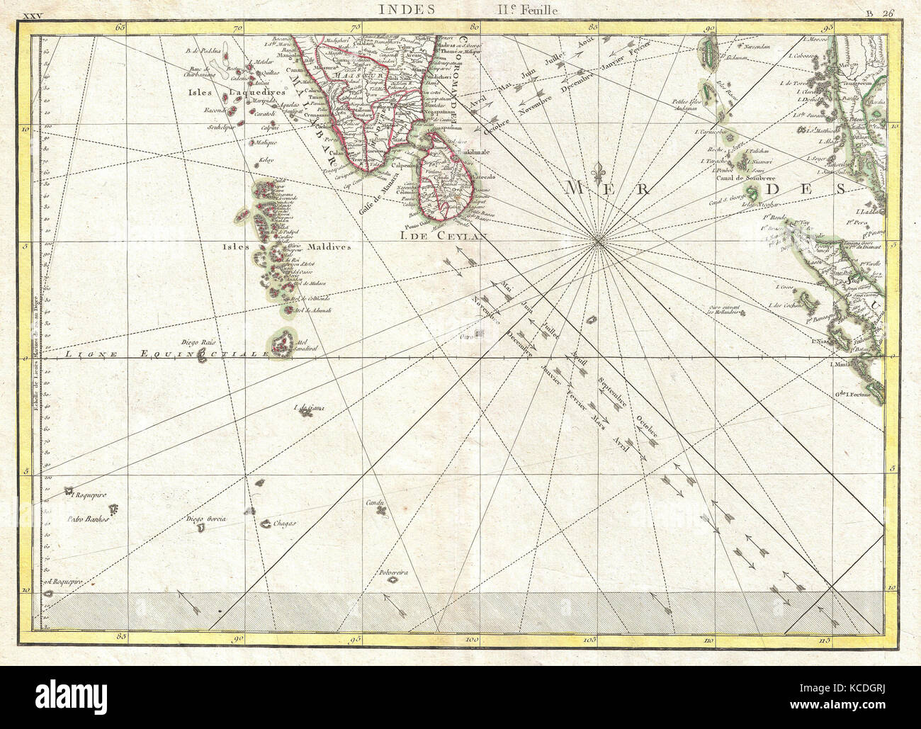 1770, Bonne carte de l'Inde du Sud, Sri Lanka, Ceylan, les Maldives, et dans l'Océan Indien, Rigobert Bonne 1727 - 1794 Banque D'Images