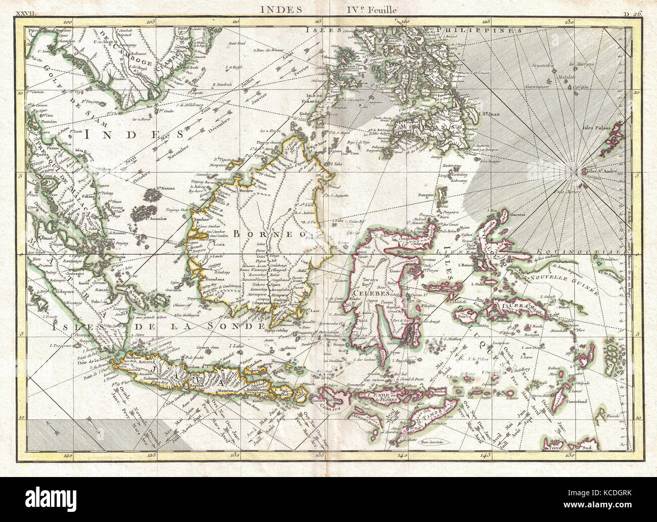 1770, Bonne carte des Indes orientales, Java, Sumatra, Bornéo, Singapour, Rigobert Bonne 1727 - 1794 Banque D'Images