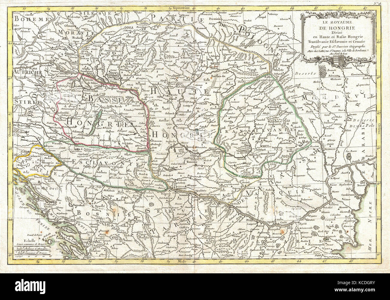 Janvier 1770, la carte de la Hongrie, la Roumanie, la Transylvanie, la Moldavie, la Croatie et la Bosnie Banque D'Images