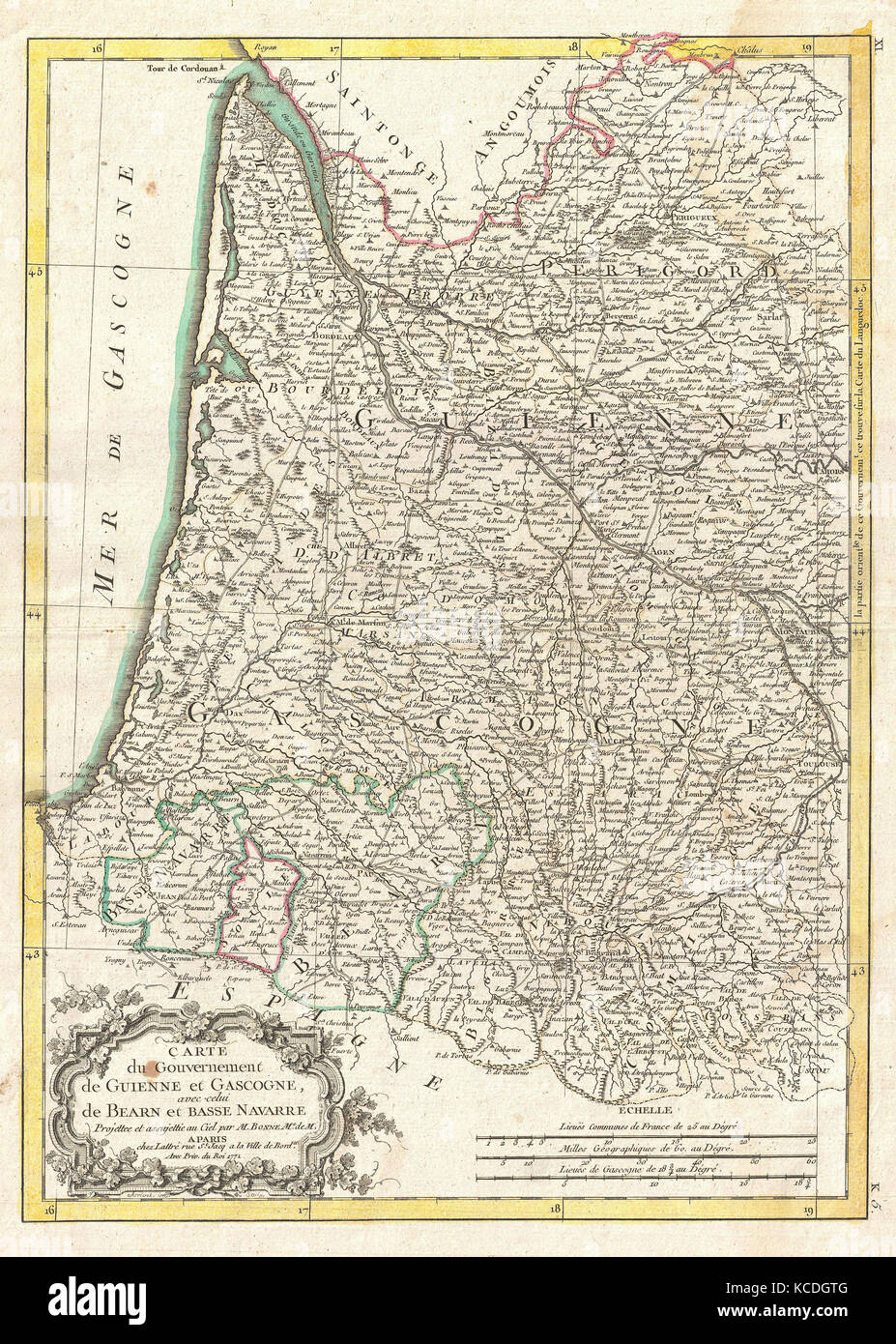 1771, Bonne carte de la Guyenne et Gascogne, France, Rigobert Bonne 1727 - 1794 Banque D'Images