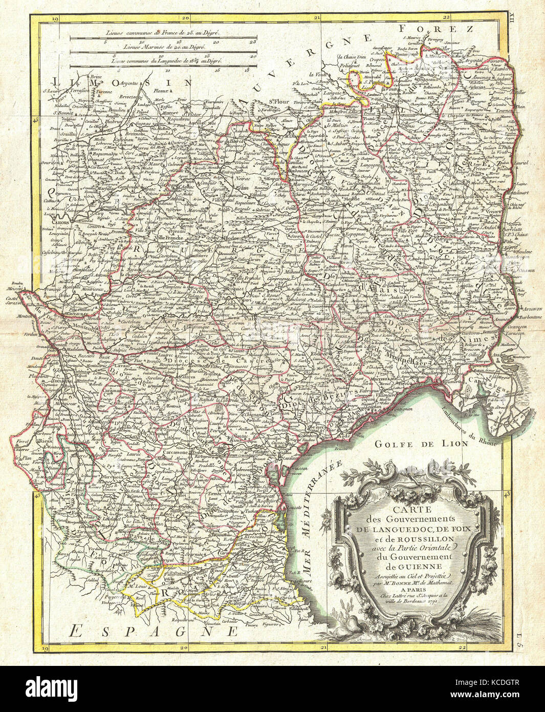 1771, Bonne Carte du Languedoc et Roussillon, France, Rigobert Bonne 1727 - 1794 Banque D'Images