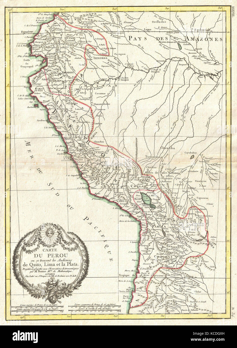 1775, Bonne Carte du Pérou, Équateur, Bolivie, et l'ouest de l'Amazonie, Rigobert Bonne 1727 - 1794 Banque D'Images