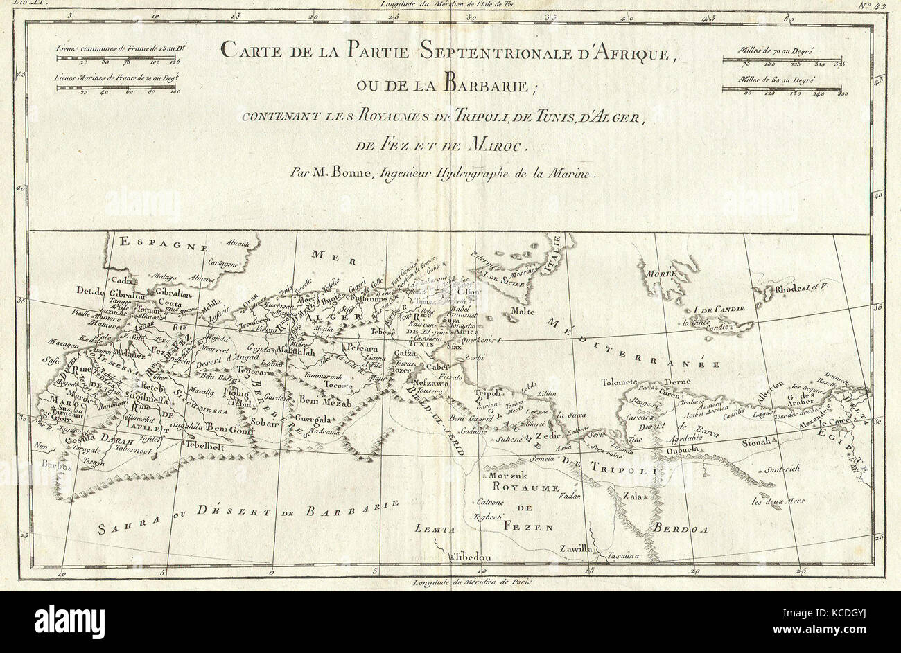 1780, Bonne carte de l'Afrique du Nord et l'ouest de la Méditerranée, Côte des Barbaresques, Rigobert Bonne 1727 - 1794 Banque D'Images