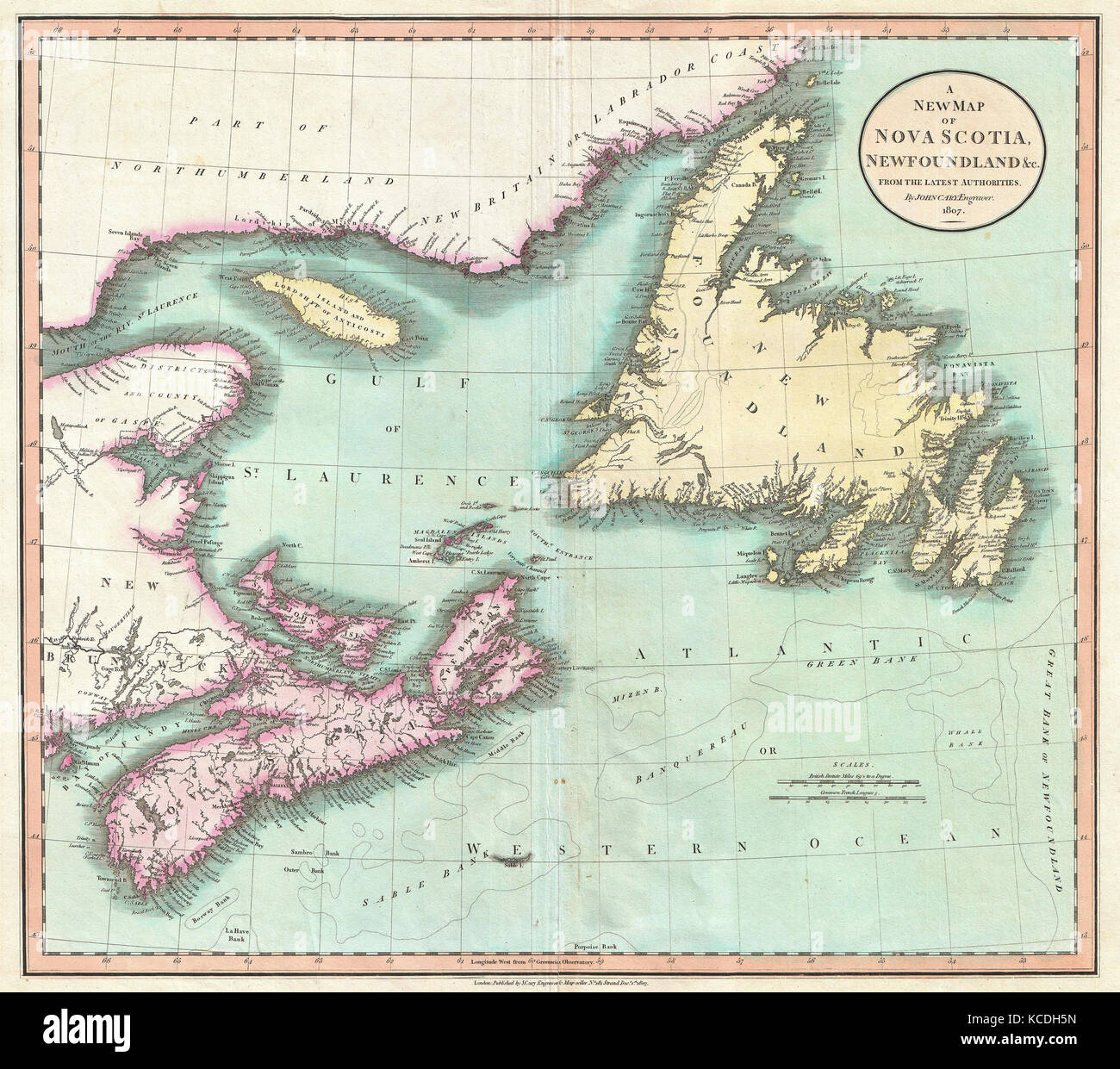 En 1807, Cary Carte de la Nouvelle-Écosse et de Terre-Neuve, Canada, John Cary, 1754 - 1835, le cartographe anglais Banque D'Images