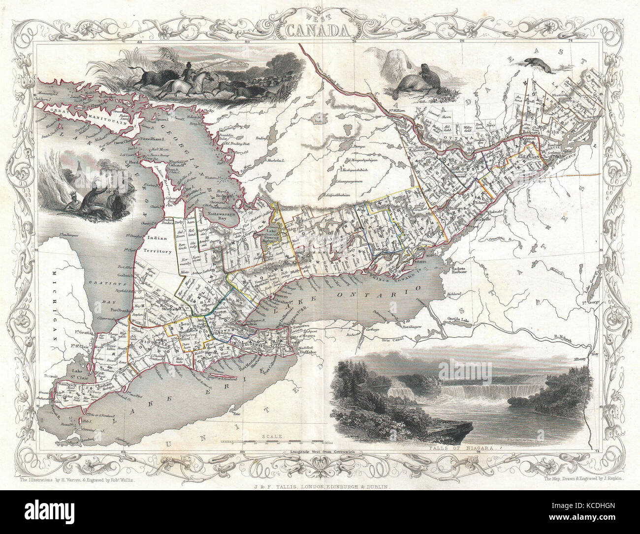 1850, Tallis Plan de West Canada ou l'Ontario, présente de grands lacs Banque D'Images