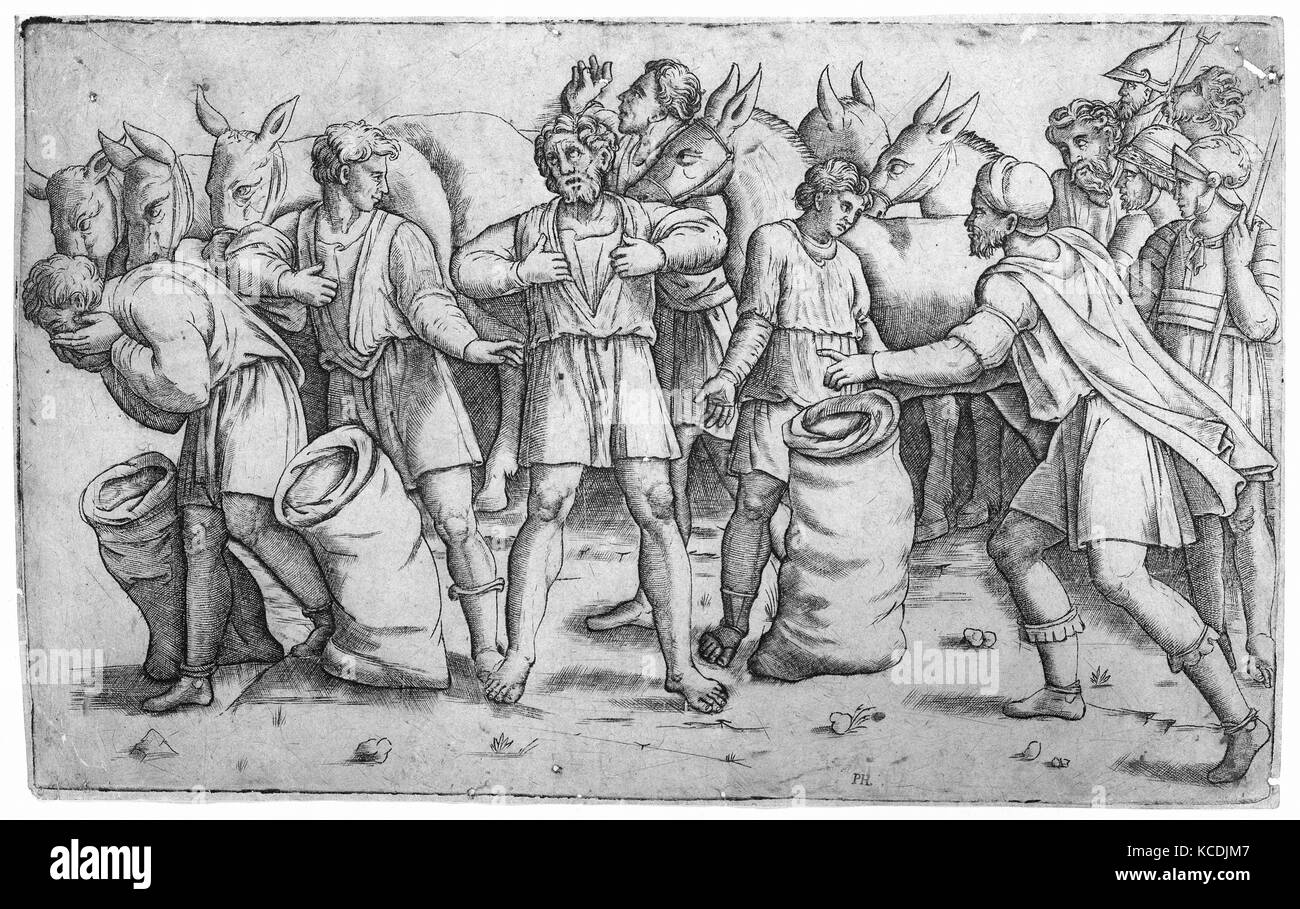 Joseph's cup a trouvé dans le sac de Benjamin de l'histoire biblique de Joseph (Genèse 44) ; une scène avec des soldats, des mulets Banque D'Images