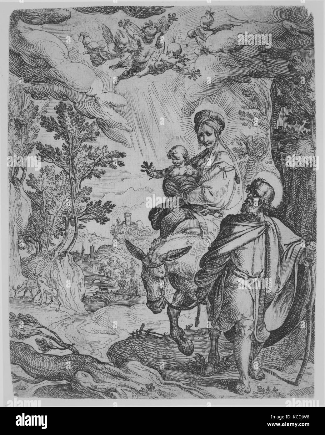 La Fuite en Égypte, de gravure, feuille : 9 13/16 x 7 1/2 in. (25 x 19 cm), imprimés, Antonio Tempesta (Italien, Florence 1555-1630 Banque D'Images