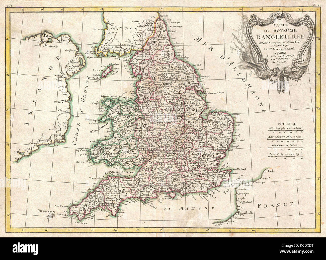1772, Bonne carte de l'Angleterre et au Pays de Galles, Rigobert Bonne 1727 - 1794 Banque D'Images
