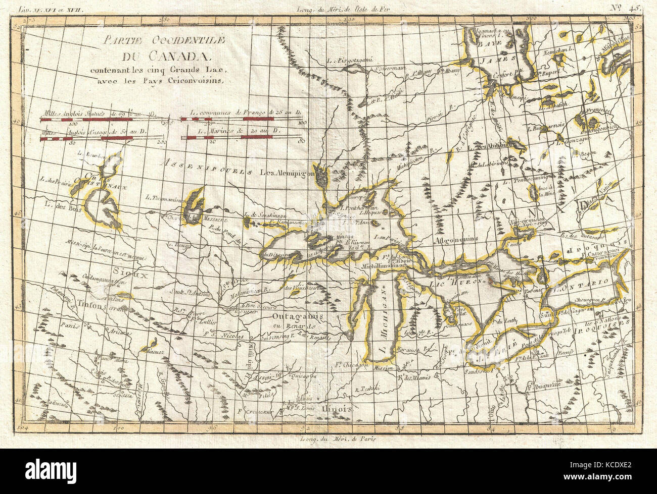 1775, Bonne carte de la région des Grands Lacs et le Mississippi, Rigobert Bonne 1727 - 1794 Banque D'Images