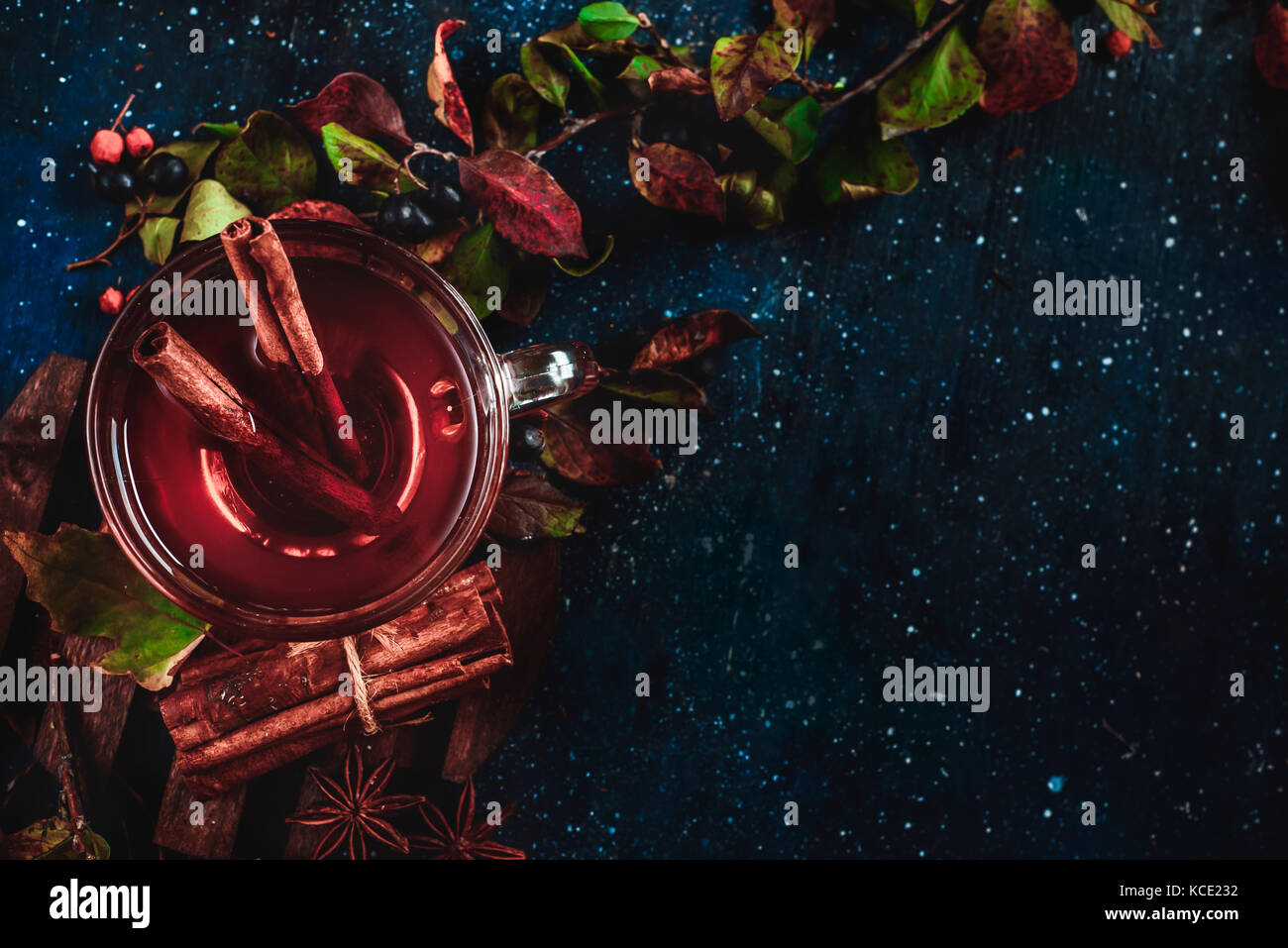 Tasse de thé de cannelle sur un fond sombre. L'alimentation de la vie toujours stylisés conceptuel avec les feuilles d'automne et de baies. télévision lay with copy space Banque D'Images