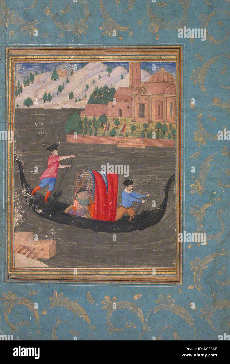 Scène aquatique avec trois hommes dans une gondole, fin 16ème-début du 17e siècle Banque D'Images