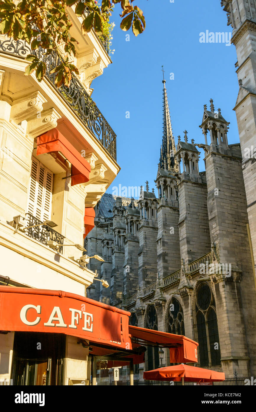 Low angle view de la flèche de la cathédrale Notre-Dame de Paris avec un café au soleil et auvents rouges avec un immeuble haussmannien au premier plan. Banque D'Images