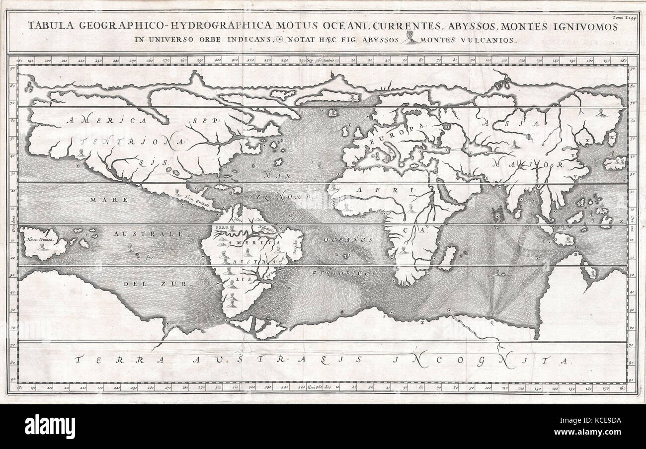 1665, Kircher, carte du monde, plus tôt la carte de monde pour montrer Currents Banque D'Images