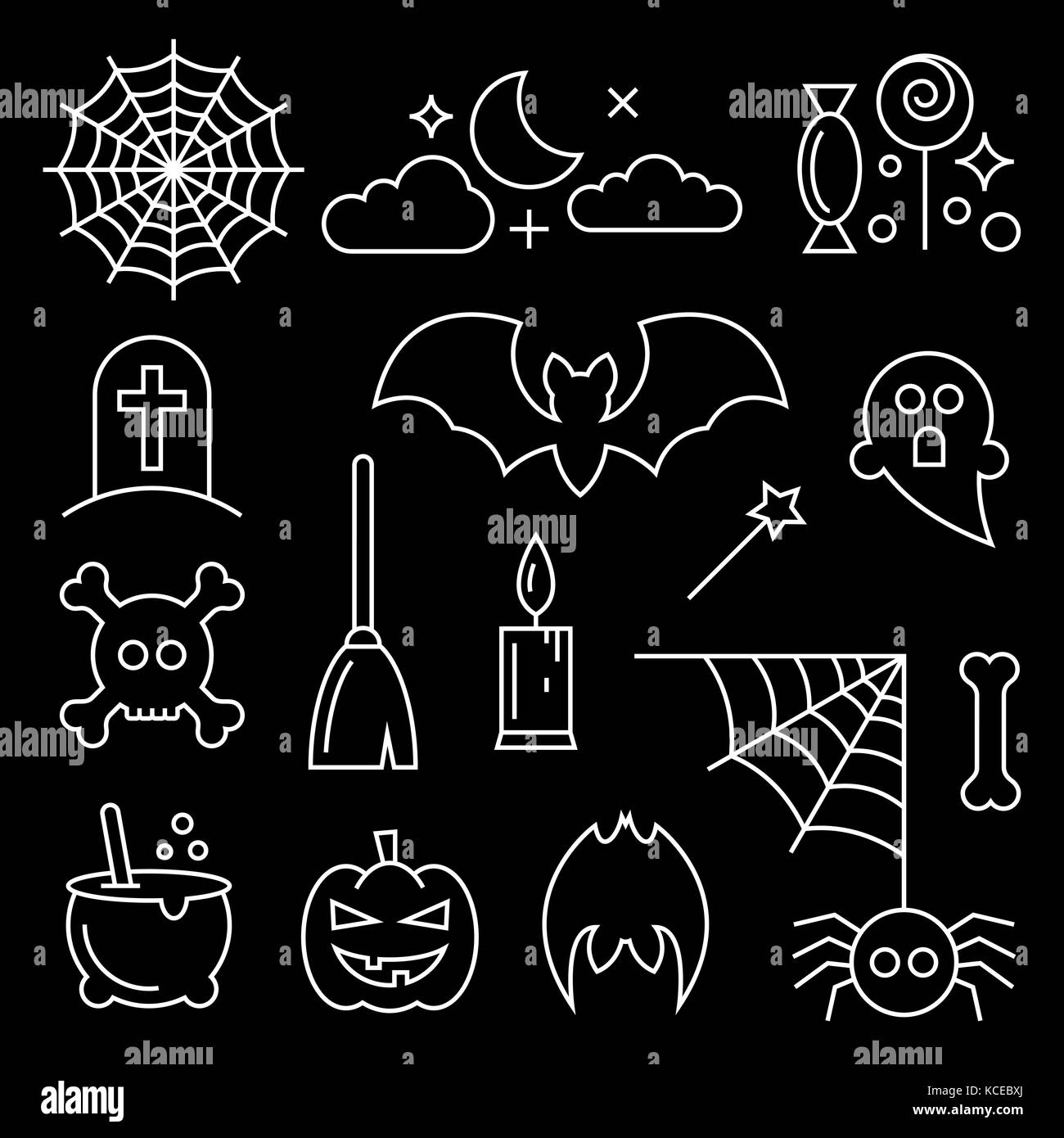 Fine ligne halloween icons set. vector illustration d'araignée, la lune, les gâteries, tombe, bat, ghost, du crâne, de genêts et d'autres éléments pour votre conception Illustration de Vecteur