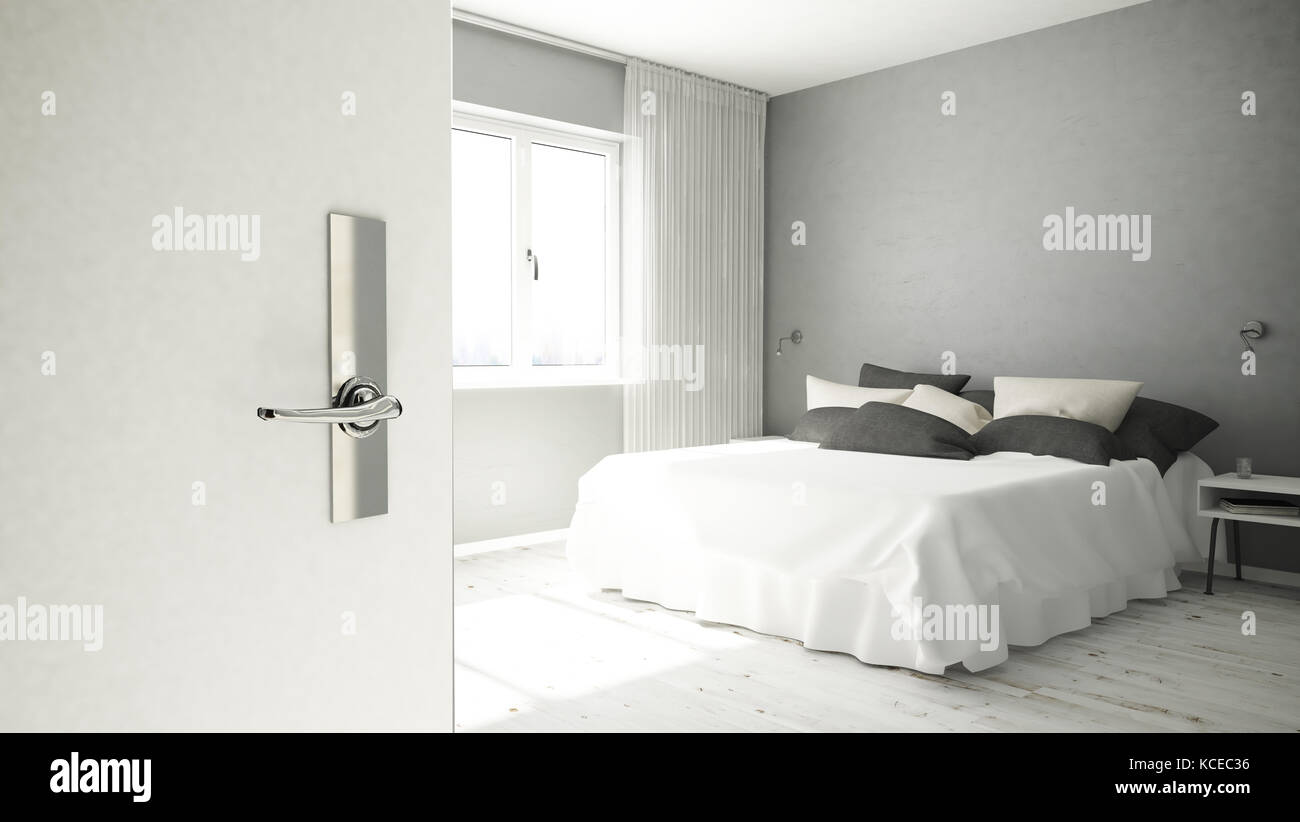 Rendu 3d de la chambre d'hôtel ouvrant la porte Banque D'Images